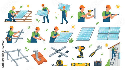 Flat Vector Solar Panel Installation Process with Workers, Tools, and Mounting Systems