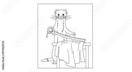 Cute Weasel Measuring Fabric with Tape Measure on Table