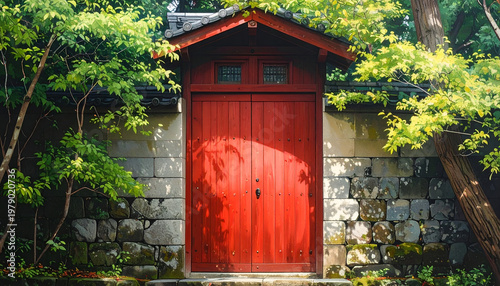 A vibrant red door stands prominently within a stone wall, framed by lush green foliage.