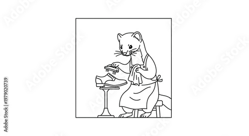 Cute Weasel Polishing Shoe on Stand, Anthropomorphic Animal Character, Line Art