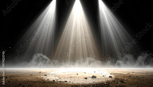 Dramatic stage lighting illuminates a dusty ground with swirling smoke effects.