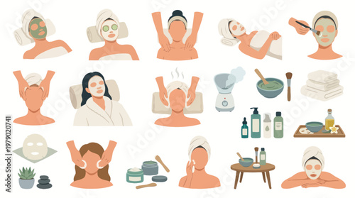 Spa Beauty Salon Flat Vector Illustration Set: Women Facial Masks, Massages, Skincare Products