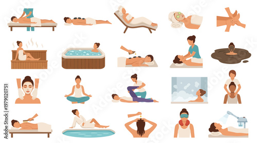Spa and Wellness Flat Vector Illustrations Set of People Enjoying Relaxing Treatments