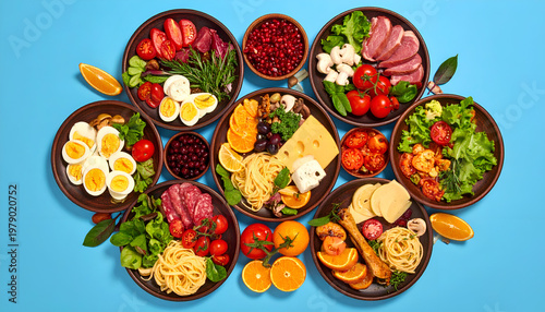 An overhead shot showcases a vibrant and abundant spread of various foods arranged in circular bowls against a bright blue background, presenting a colorful and appetizing culinary display.