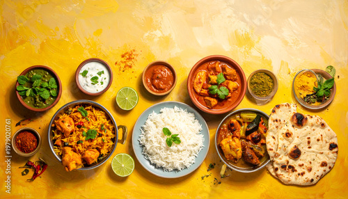 A vibrant overhead shot showcases a diverse and flavorful Indian feast, featuring curries, rice, naan bread, and various condiments arranged on a textured yellow surface.