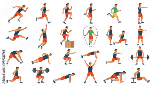 Flat Design Fitness Exercise Set: Men's Workout Routine Poses Collection for Health  Sport Training