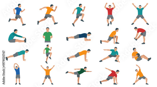 Men's Fitness Workout  Stretching Exercises Flat Vector Illustration Set
