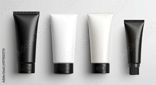 Four minimalist squeeze tubes, two black, two white, on a clean background