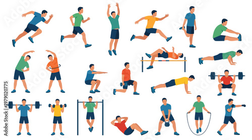 Flat Vector Illustration of People Doing Fitness Exercises and Sport Workout Training Routines
