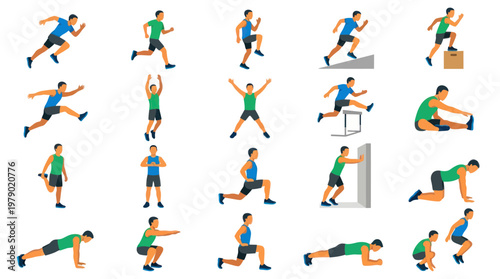 Fitness Workout Exercises for Men Flat Vector Illustration Set. Running, Stretching  Strength Training