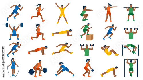 Fitness Sport Exercises Flat Vector Illustration Set with Diverse People Training