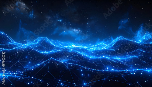 A mesmerizing digital landscape depicts glowing blue lines forming mountain-like structures against a backdrop of a starry night sky, evoking a sense of futuristic technology and natural beauty.
