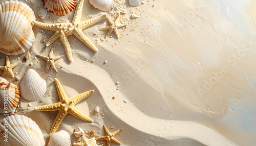 A close-up shot showcases a collection of seashells and starfish scattered across a sandy beach, evoking a sense of coastal tranquility and natural beauty.
