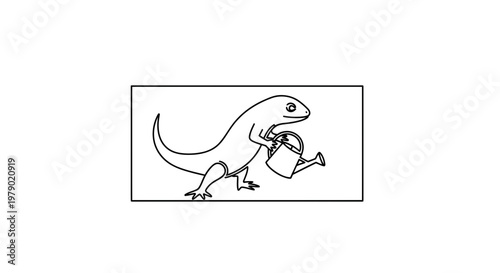 Cartoon Lizard Watering Can, Cute Animal Character, Garden Fun, Line Art