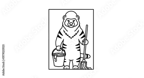 Cartoon Raccoon Holding Mop and Bucket, Ready for Cleaning