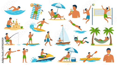 Summer Beach Activities Flat Vector Icons Set. Men Enjoying Water Sports  Vacation Leisure