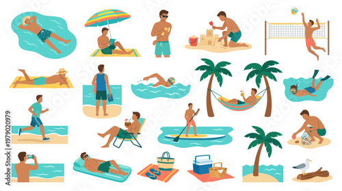 Summer Beach Vacation Activities for Men Flat Vector Illustration Set