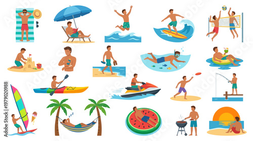 Summer Beach Vacation Activities Flat Design Vector Illustrations for Recreation and Leisure