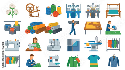 Flat Vector Icons Set of Textile and Garment Manufacturing Industry Processes and Equipment