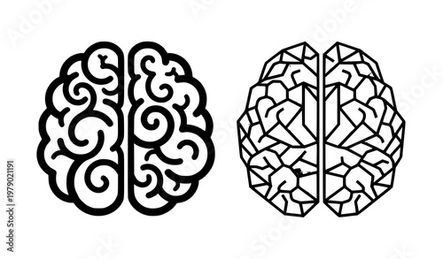 Stylized human brain vector with bold cortex pattern and geometric hemispheres in black and white