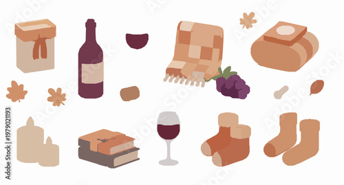 Cozy 3D Doodle Collection Featuring Wine Glass, Bottle and Autumn Comfort Elements