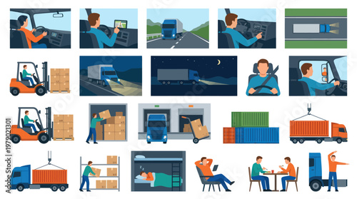 Logistics Trucking  Delivery Process Flat Vector Illustration Set