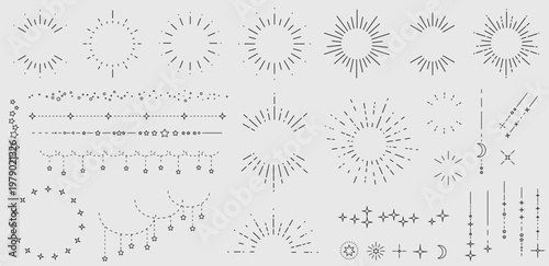 太陽と星空をイメージしたシンプルな飾り罫線・ラインのイラストセット　キラキラ　点線　Sunburst