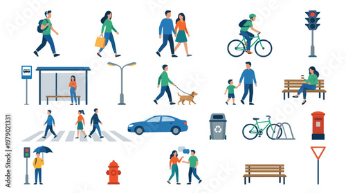 City Life People and Urban Elements Flat Vector Illustration Set