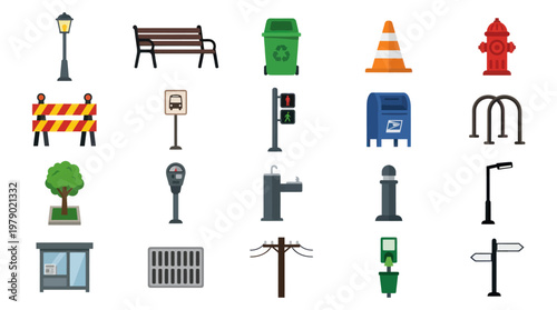 City Infrastructure  Urban Street Elements Flat Vector Icon Set