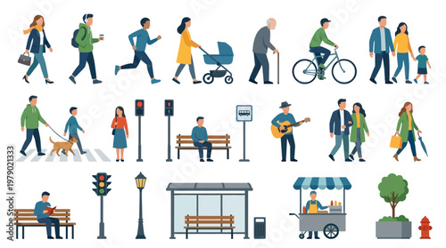 Flat Vector Illustration Set of Diverse People and Urban City Elements for Everyday Life