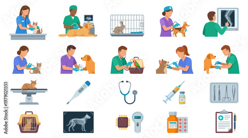 Flat Design Veterinary Icons Set: Animal Health Care, Pet Examination, and Medical Equipment Illustrations