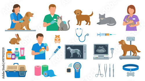 Veterinary Medicine and Pet Care Flat Vector Icons Set: Animals, Vets, Clinic Equipment