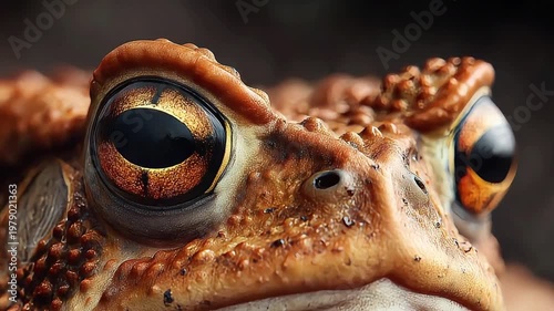 Intense close-up of a toad's face, capturing a contemplative and almost surreal mood. Ideal for creative campaigns and nature-inspired designs.