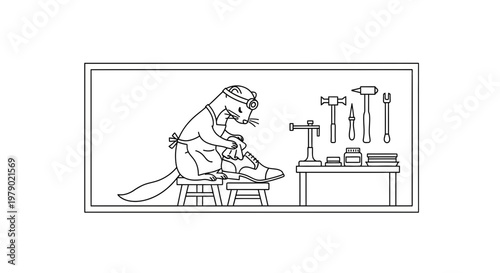 Artistic Otter Cobbler Repairing Shoe with Tools in Workshop