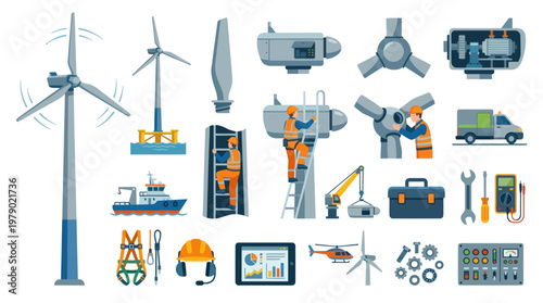 Wind Energy Flat Vector Illustration Set: Renewable Power Turbines, Workers, and Maintenance