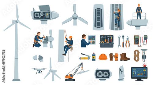 Wind Energy Turbine Maintenance and Engineering Flat Vector Icons Set