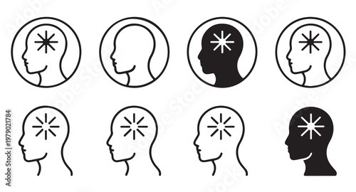 Head silhouette profile with star symbol inside brain representing mental health and pain.