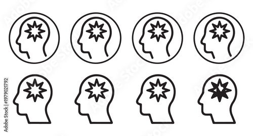 Head profile silhouette icons with starburst graphic representing migraine or mental focus.