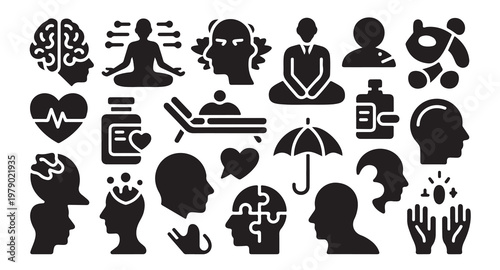 Mental health problem and psychology icon set, mental illness, emotional disorder, psychiatric treatment.