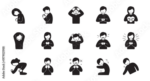 Person icons showing sadness prayer worry and physical discomfort vector graphics collection.