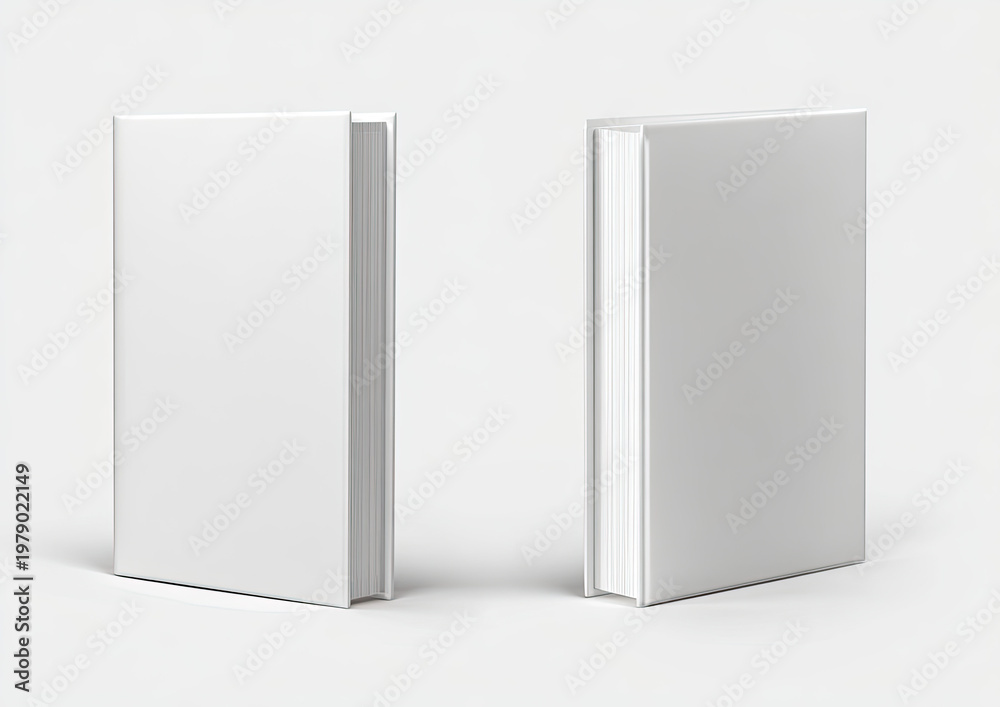Naklejka premium Two blank white hardcover books stand upright on a light gray surface