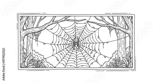 Spider web in forest, spider in center, dew drops, nature, black and white illustration