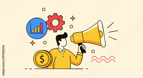 A professional man using a megaphone to promote business growth and financial success in vector graphic style.