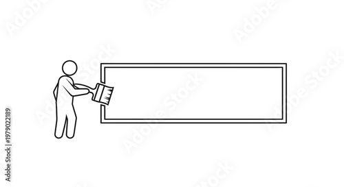 Stick figure painting a blank rectangle on a white background, concept of creation or design