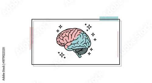 Stylized Brain Illustration with Pink and Blue Lobes, Sparkles, and Geometric Frame