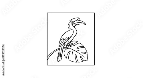 Stylized Hornbill Bird Sitting on a Tropical Leaf, Black and White Line Art