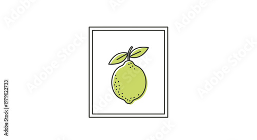 Simple Line Art Illustration of a Green Lime Fruit with Leaves in a Square Frame