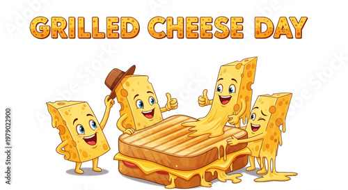 Fun, cartoon-style illustration celebrating Grilled Cheese Day, depicting anthropomorphic cheesy sandwiches joyfully interacting with a freshly grilled sandwich, set against a clean white