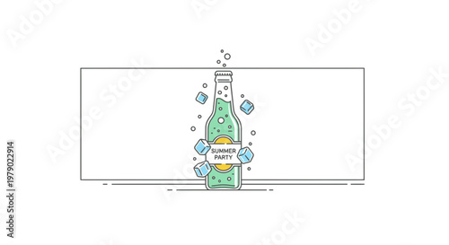 Refreshing Summer Party Drink in Bottle with Ice Cubes and Bubbles