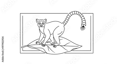 Ring-tailed Lemur on Leaf, Line Art Illustration, Cute Animal, Madagascar Wildlife